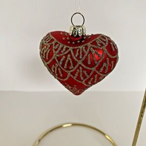 Dark Red Glass Heart Ornament with gold glitter accents